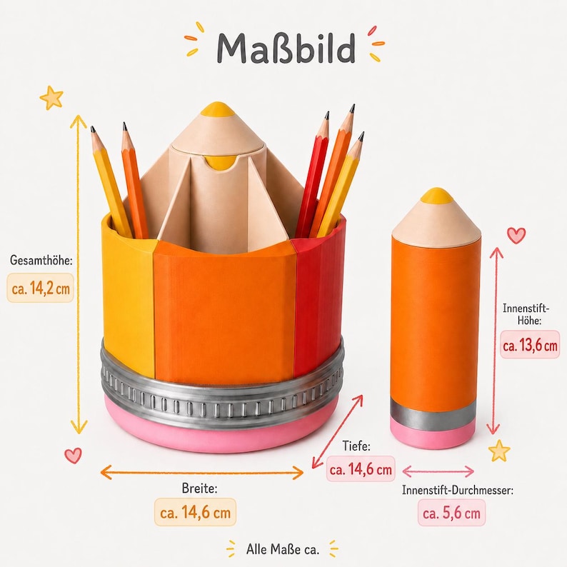 May include: A pencil-shaped desk organizer and a separate pencil-shaped container. The organizer has a total height of 14.2 cm, a width of 14.6 cm, and a depth of 14.6 cm. The smaller container has an inner height of 13.6 cm and a diameter of 5.6 cm.