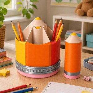 May include: A multi-compartment pencil holder shaped like a large yellow and orange pencil with a silver metal band and pink eraser base, accompanied by a smaller matching pencil-shaped container, both holding various colored wooden pencils.