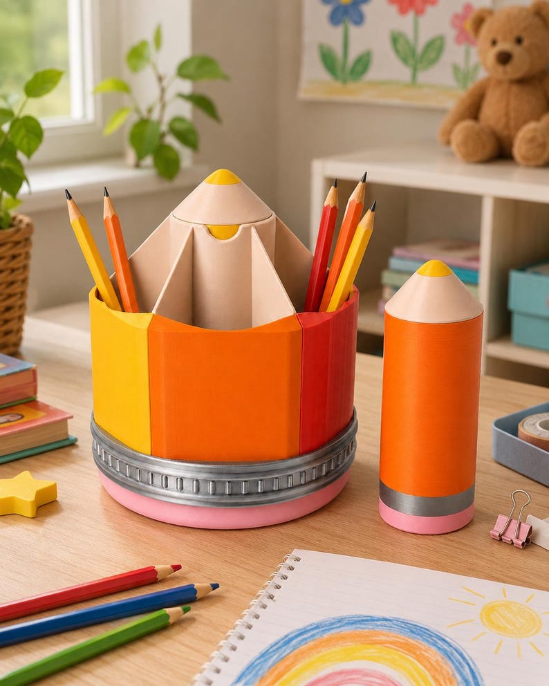 May include: A multi-compartment pencil holder shaped like a large yellow and orange pencil with a silver metal band and pink eraser base, accompanied by a smaller matching pencil-shaped container, both holding various colored wooden pencils.