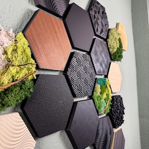 May include: A collection of hexagonal wall panels in various textures and colors, including wood grain, black, and patterned designs. Some panels feature moss and natural elements, creating a modern, textured wall art installation.