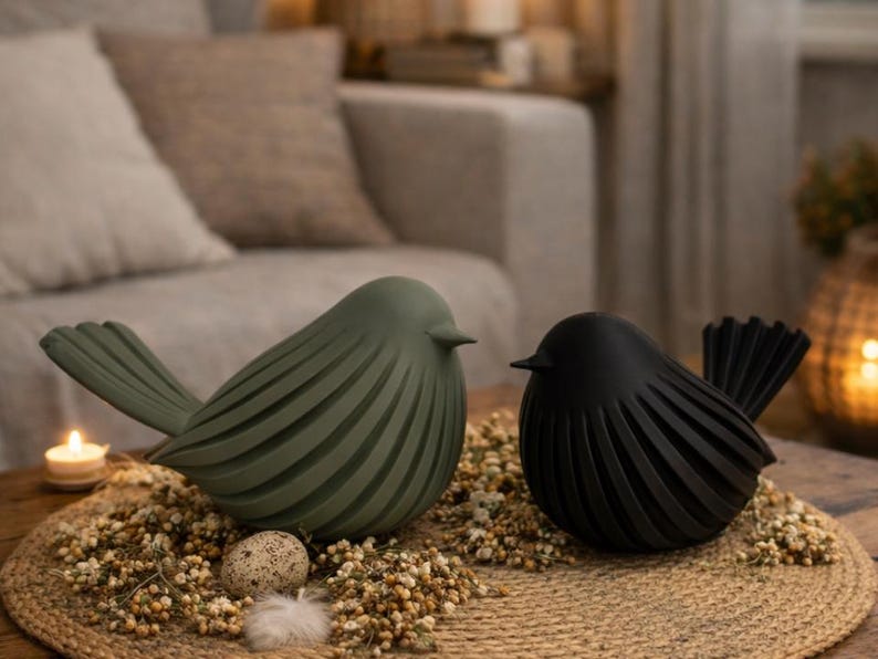 May include: Two decorative bird sculptures, one olive green and one black, are displayed on a round woven mat with dried flowers and an egg. The birds have a stylized design with ribbed wings and bodies. A lit candle and a decorative lantern are in the background.