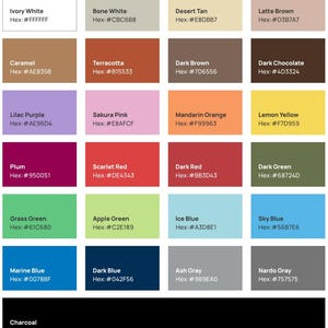 May include: A colour palette featuring 24 colour swatches with their names and hexadecimal codes. Colours include Ivory White, Bone White, Desert Tan, Latte Brown, Caramel, Terracotta, Dark Brown, Dark Chocolate, and more.