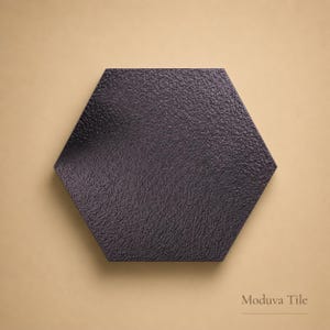 May include: A dark gray, textured, hexagonal tile. The tile has a rough surface and is set against a tan background. The text "Moduva Tile" is at the bottom right.