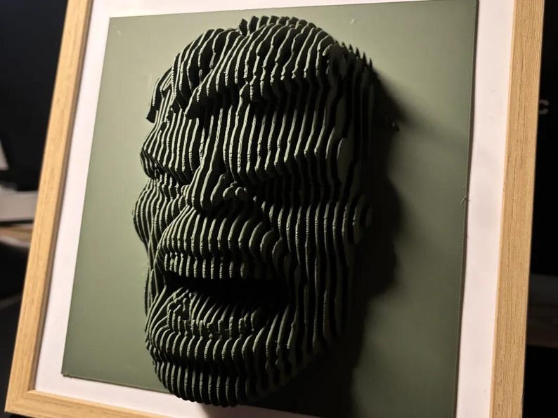 May include: A 3D printed portrait of a person's face, made of layered strips of material, is displayed in a wooden frame. The portrait is in shades of green and appears to be of a person with a wide smile.