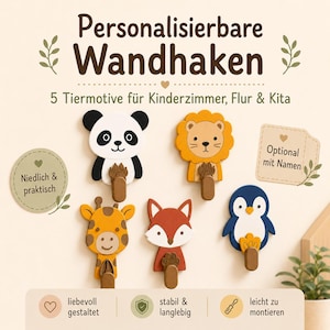 Gepersonaliseerde dierenwandhaak voor kinderkamers – schattige kapstokhaak met naam, ideaal als geboorte- of doopcadeau. afbeelding 2