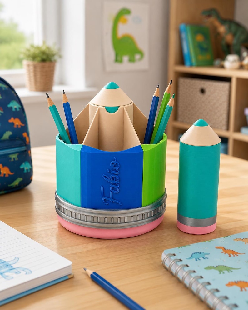 May include: A multi-compartment pencil holder shaped like a large pencil with a teal, blue, and green body, a silver metal-look band, and a pink base. The name Fabio is embossed on the blue section. A matching smaller pencil-shaped container sits nearby.