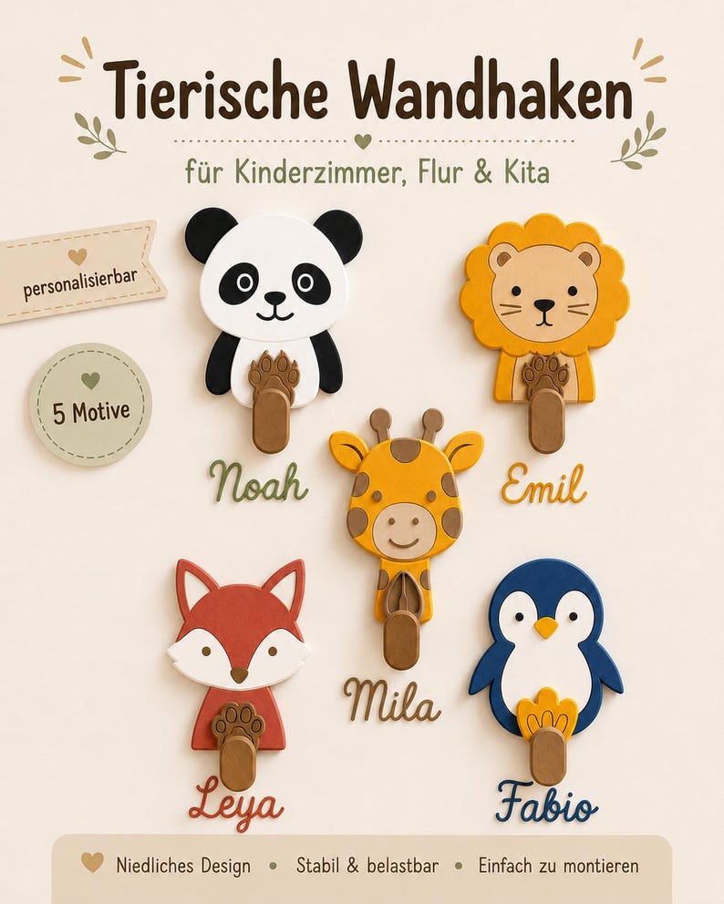 May include: Five animal-shaped wall hooks featuring a panda, lion, giraffe, fox, and penguin. Each hook includes a brown wooden peg and a name tag below: Noah, Emil, Mila, Leya, and Fabio. Text includes Tierische Wandhaken, personalisierbar, 5 Motive, and Niedliches Design, Stabil & belastbar, Einfach zu montieren.