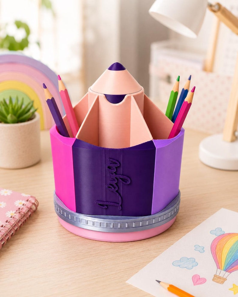 May include: A multi-colored pencil-shaped desk organizer featuring a central compartment and several outer slots. The exterior is decorated with vertical panels in shades of pink, purple, and dark violet, with the name Leya embossed on the side.