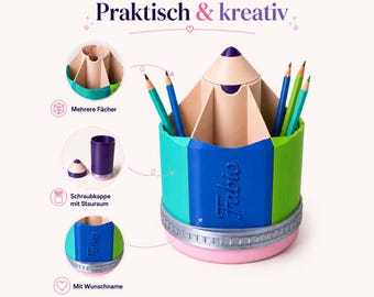 Personalized pencil holder for children – colorful desk organizer in the shape of a pencil | Children's room pencil box with a name of your choice