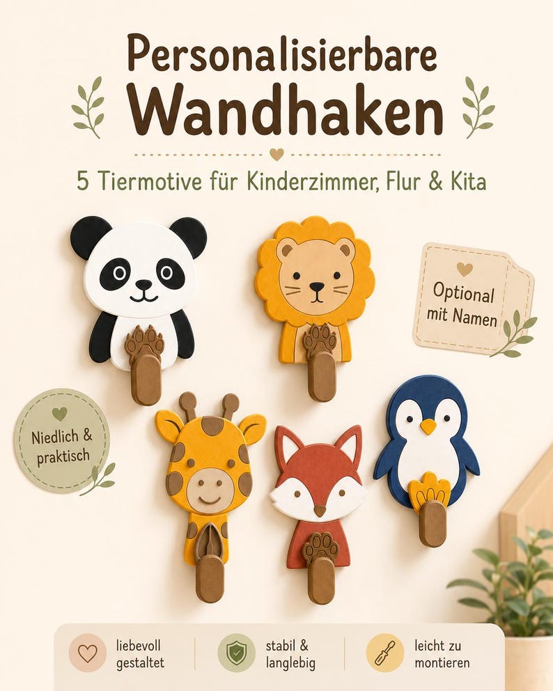 May include: Five wall hooks featuring animal designs: a panda, lion, giraffe, fox, and penguin. Each hook has a brown base and a small paw-shaped accent. Text includes "Personalisierbare Wandhaken", "5 Tiermotive f&uuml;r Kinderzimmer, Flur & Kita", "Optional mit Namen", and "Niedlich & praktisch".