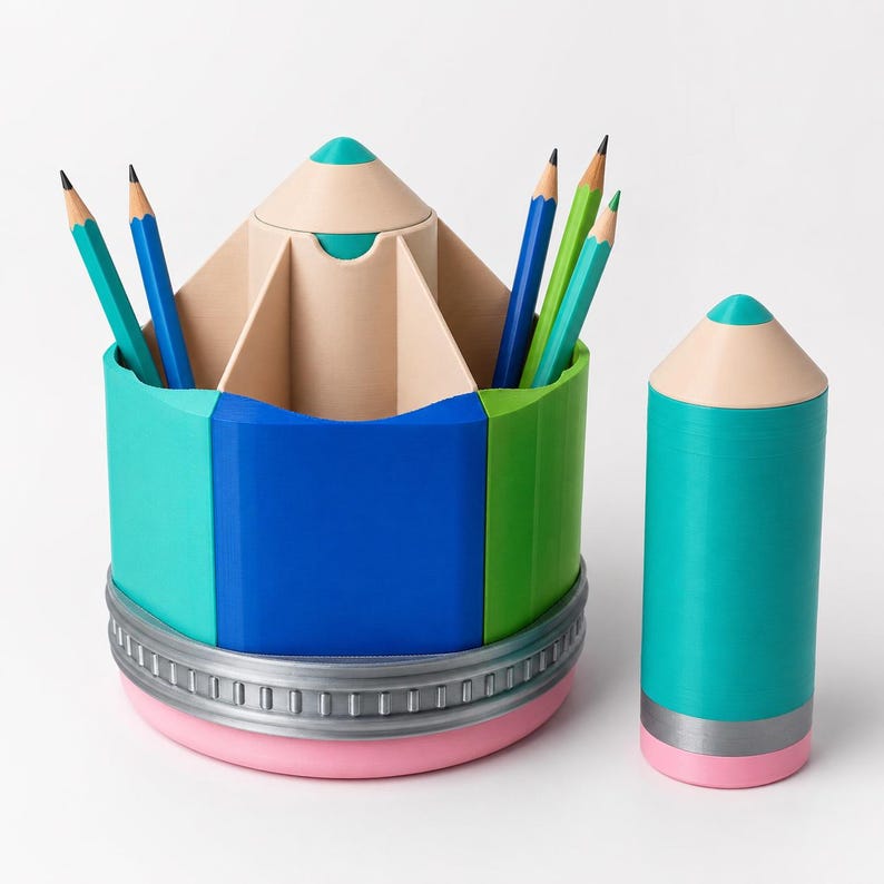 May include: A multi-compartment pencil holder shaped like a large pencil with a silver metal band and pink eraser base, featuring teal, blue, and green panels. A separate, smaller pencil-shaped container stands next to it with a matching design.
