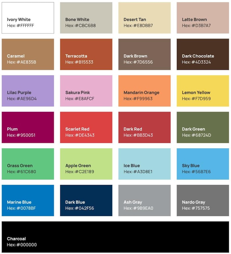 May include: A color palette featuring 24 color swatches with their names and hexadecimal codes. Colors include Ivory White, Bone White, Desert Tan, Latte Brown, Caramel, Terracotta, Dark Brown, Dark Chocolate, and more.