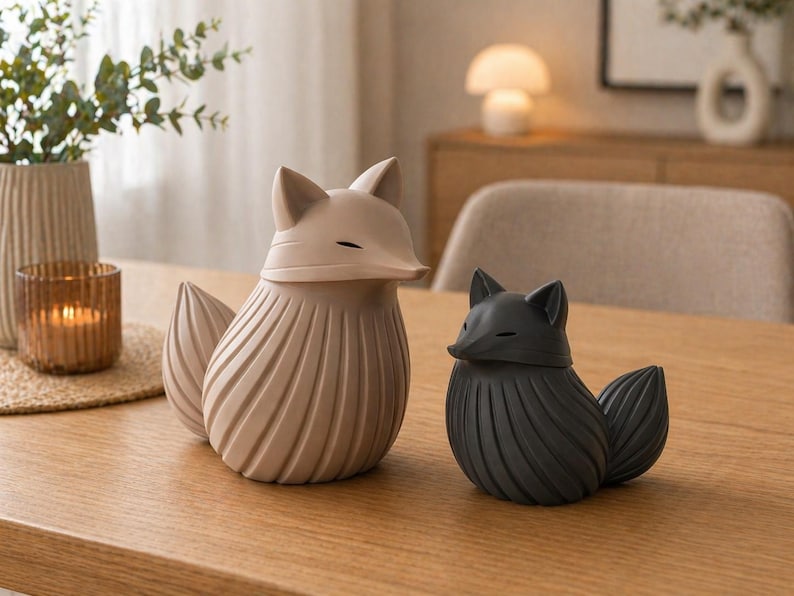 K&ouml;nnte beinhalten: Zwei dekorative Fuchsstatuen. Eine ist hellbeige, die andere schwarz. Beide haben ein stilisiertes Design mit einem strukturierten, gerippten K&ouml;rper und einem spitzen Schwanz. Sie stehen auf einem Holztisch.