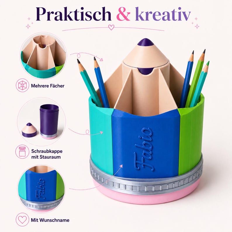 May include: A multi-colored pencil-shaped desk organizer with a central storage compartment, multiple interior sections, and a removable top cap. The blue section features the embossed name Fabio, with a silver ring and pink base.