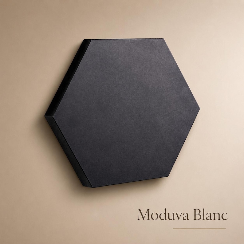 May include: A black, hexagonal wall panel with a matte finish. The panel is mounted on a beige wall. The text "Moduva Blanc" is displayed in a serif font at the bottom of the image.