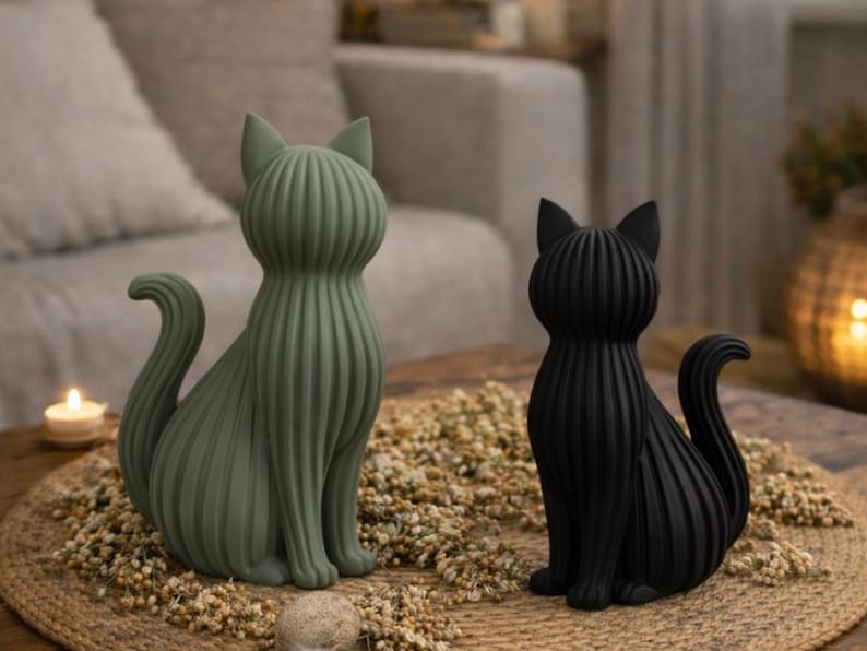 May include: Two decorative cat figurines. One is sage green, the other is black. Both are seated with upright ears and curved tails. The cats have a ribbed texture and are placed on a woven mat with dried flowers.