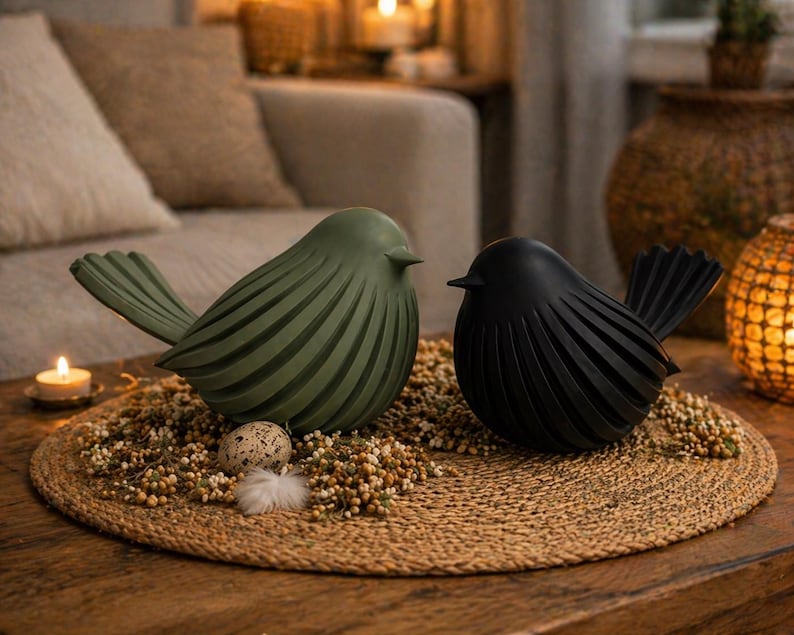 May include: Two decorative bird sculptures, one olive green and one black, sit on a round woven mat. The birds have a stylized design with ribbed detailing. The mat is adorned with small, round, beige decorative elements and a small egg.