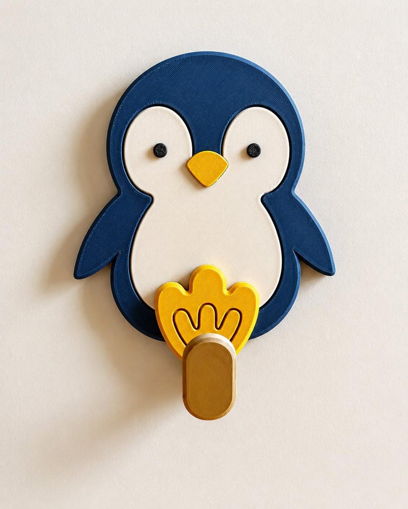 Children's room wall hook with animal motif – customizable hook for backpack, jacket & kindergarten bag, gift for children Pinguin