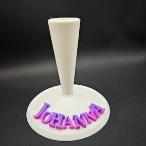 Puede incluir: Un soporte de pl&aacute;stico blanco con un centro c&oacute;nico alto y una base redonda. La base tiene el nombre "JOHANNA" impreso en letras rosa y morado.