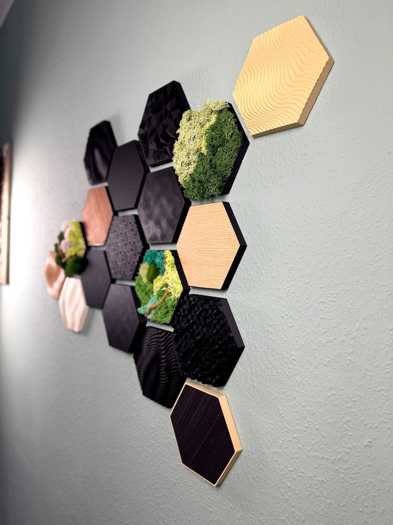 May include: A wall art installation featuring a collection of hexagonal panels in various textures and colors. The panels include black, gold, wood grain, and moss-filled designs, creating a modern and textured aesthetic. The arrangement is mounted on a light blue wall.