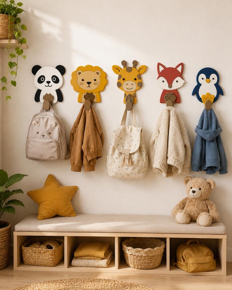 May include: Five wall-mounted hooks shaped like animal faces including a panda, lion, giraffe, fox, and penguin. Each hook features a brown paw-shaped base holding items such as a beige backpack, a brown jacket, a patterned backpack, a cream fleece jacket, and a blue hoodie.