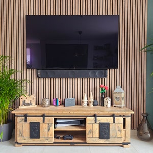 May include: A living room entertainment unit with a large flat-screen TV on a wooden slatted wall. A rustic wooden cabinet with sliding doors holds electronics. Decorative plants and accessories complete the scene.