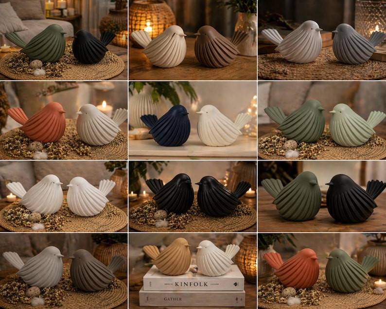 May include: A collection of decorative bird figurines in various colors, including green, black, white, and terracotta. The birds have a textured, ribbed design and are displayed on woven mats and books. These home decor items add a touch of nature to any space.