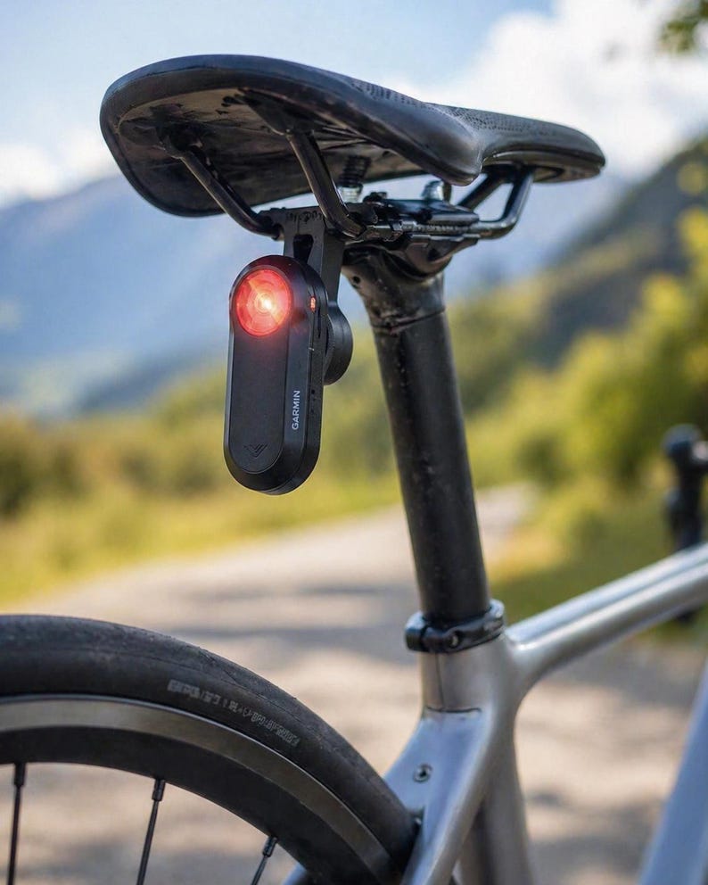 Może przedstawiać: Czarna lampka tylna do roweru Garmin jest zamontowana pod czarnym siodełkiem rowerowym. Światło jest prostokątne z czerwoną soczewką i logo Garmin. Rower jest szary z czarną sztycą i oponą.