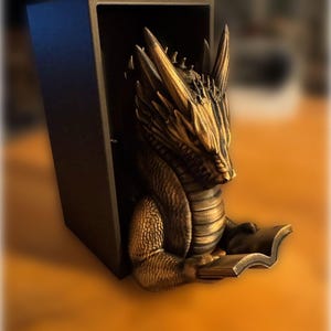 May include: A bronze-colored dragon sculpture reading a book, set within a black rectangular frame. The dragon has detailed scales and horns. The book is held in its front paws. The background is blurred.