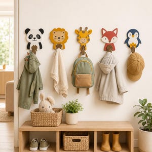 May include: Five wall-mounted hooks shaped like a panda, lion, giraffe, fox, and penguin. Each hook features a brown paw-shaped base. Items hanging include a green hooded jacket, a white knit cloth, a green backpack, a beige jacket, and a tan cap.