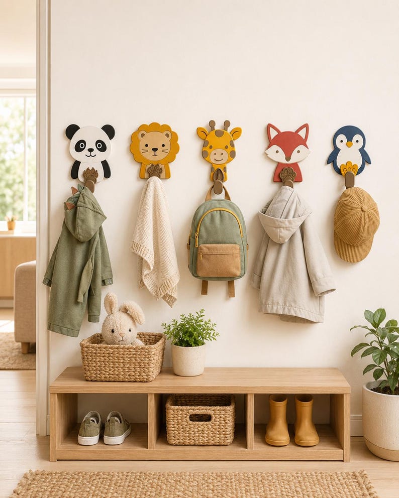 May include: Five wall-mounted hooks shaped like a panda, lion, giraffe, fox, and penguin. Each hook features a brown paw-shaped base. Items hanging include a green hooded jacket, a white knit cloth, a green backpack, a beige jacket, and a tan cap.