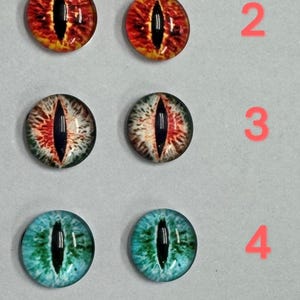 May include: A collection of ten glass eye cabochons in various colors. The eyes are round with a black slit pupil and detailed iris patterns in shades of yellow, red, white, and blue. Each eye is numbered 1 through 5.