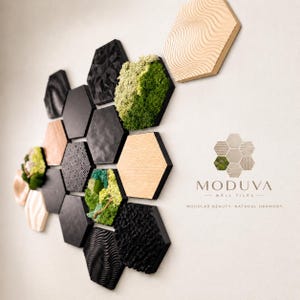 May include: Hexagonal wall tiles in various textures and colors, including black, wood grain, and moss-filled panels. The tiles are arranged in a cluster on a white wall, with the "MODUVA" logo visible.