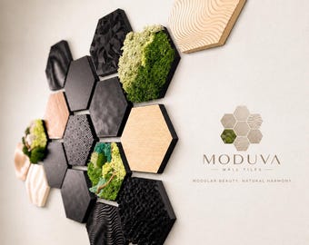 Moduva Hexagon Wanddeko – modulares 3D Wandbild mit Echtholz- Furnier & Moos Akzenten