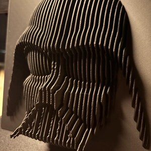 Puede incluir: Una escultura en 3D impresa en negro de la cabeza de Darth Vader. La escultura est&aacute; hecha de muchas piezas finas y superpuestas que crean un efecto texturizado.