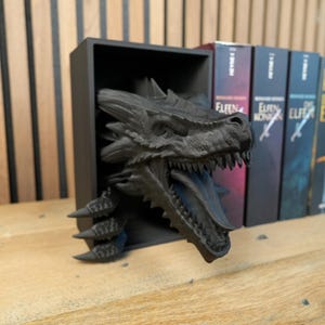 May include: A black dragon head bookend emerges from a black rectangular shelf, with a detailed, textured design. The dragon's mouth is open, revealing sharp teeth. Several books with colorful spines are visible behind the bookend.