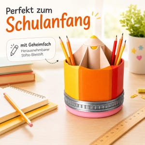 May include: A pencil-shaped desk organizer with yellow, orange, and red panels, a silver-colored metal band, and a pink base. The organizer features multiple compartments and contains several colored pencils. Text reads: Perfekt zum Schulanfang.