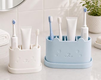 Porta-escovas de dentes infantil personalizado com bandeja | Gato, urso ou porco | Organizador de banheiro com 3 ou 4 compartimentos