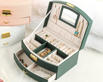 Large Jewelry Box with Mirror, Necklace Jewelry Box Multifunction Storage Box for Earrings Necklace Bracelet, Monogram Name Jewelry Boxes