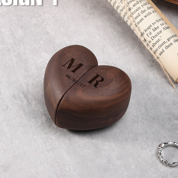 Aangepaste Heart Ring Box, voorstel Ring Box, Double Slot Wedding Ring Box, Walnut Ring Boxes, Wood Ring Bearer, Geschenken voor koppels