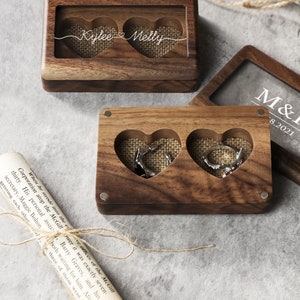 Personalized Wood Ring Box,Ring Box with Glass Lid, Double Heart Ring Box, Engagement Ring, Wedding Ring Box, Engrave Ring Box, Wedding Gift