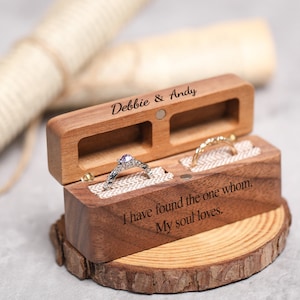 Personalized Rustic Ring Box, Wedding Ring Box, 2 Slot Linen Ring Box, Retro Wood Ring Box, Engrave Flip Ring Bearer Ring Box, Gift for Her