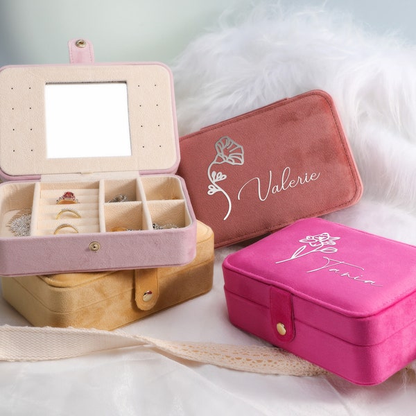 Mother's Day Gift - Birth Flower Jewelry Travel Case, Personalized Jewelry Box with Mirror, Bridesmaid Gift, Jewelry Box with Name, Birthday
