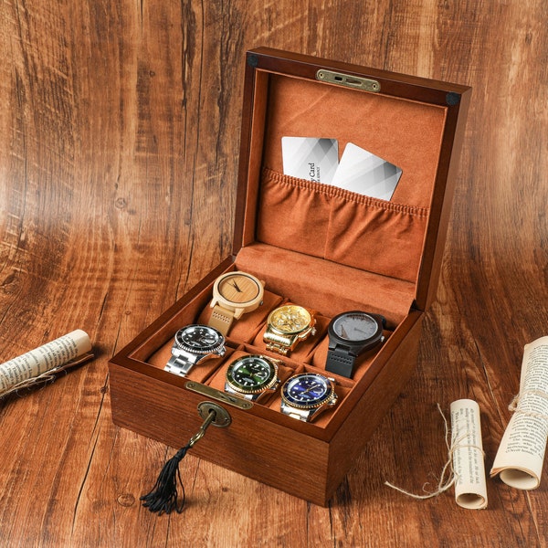 Boîte de montre personnalisée pour hommes, boîte de montre en bois gravée, boîtier de montre, rangement de montre avec serrure et clé, cadeaux de palefreniers, cadeau de fête des pères