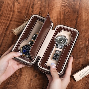Gepersonaliseerde lederen reishorloge, horlogekast, horlogeopslag, lederen rol, bruidegomcadeau, luxe lederen horlogerol voor hem, cadeau voor papa