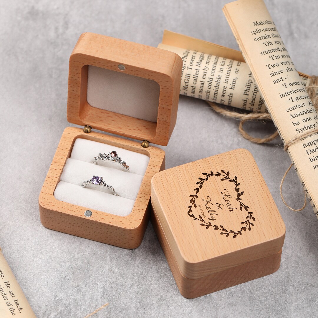 Customize Wooden Square Ring Box, Double Slot Ring Box, Wooden Lid Ring