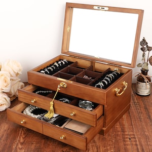 Scatola retrò, grande portagioie con specchio, regalo per le donne, portagioie personalizzato, portagioie in pelle scamosciata, regalo di nozze, idea regalo migliore amica per la mamma