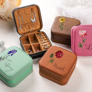 Custodia da viaggio per gioielli con fiori di nascita, regalo di fiori del mese di nascita, scatola per anelli portagioielli personalizzata, regali personalizzati per lei, portagioielli in pelle