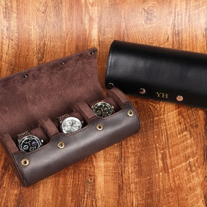 Caja de reloj portátil personalizada, caja de reloj marrón, caja de reloj de viaje, rollo de caja de reloj de cuero de lujo para 3 relojes, soporte de caja de viaje para reloj