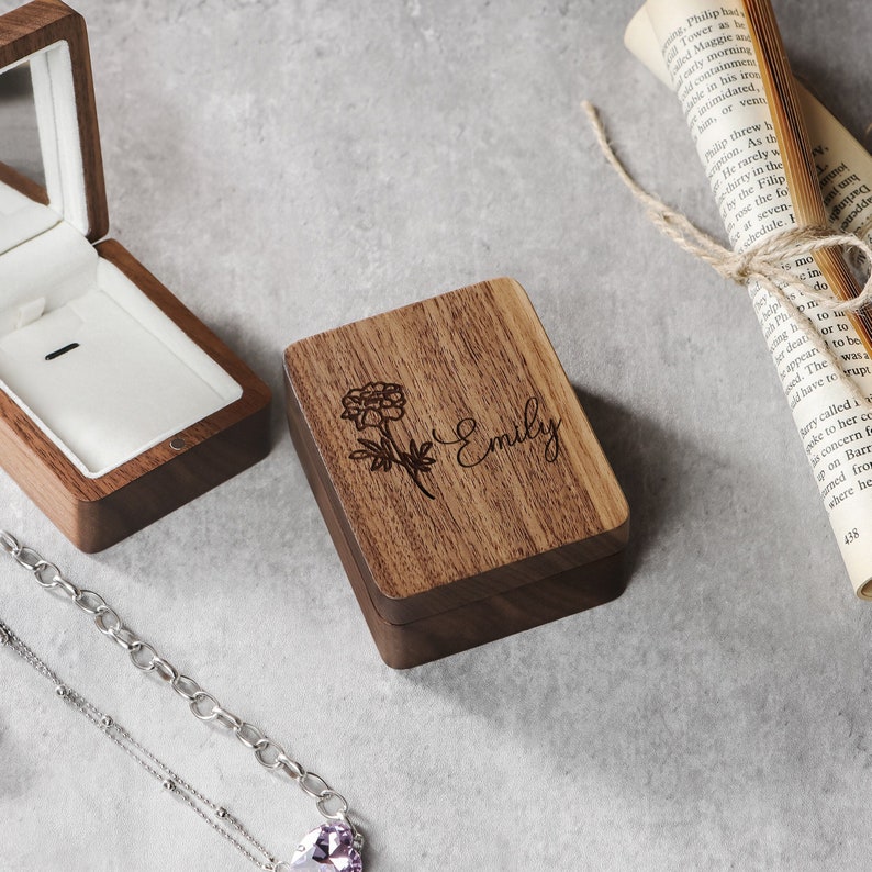 Custom Birth Flower Jewelry Box, Wedding Necklace Box, Wood Necklace Box, Necklace Box with Mirror, Wedding Gift for Her, Anniversary Gift image 1